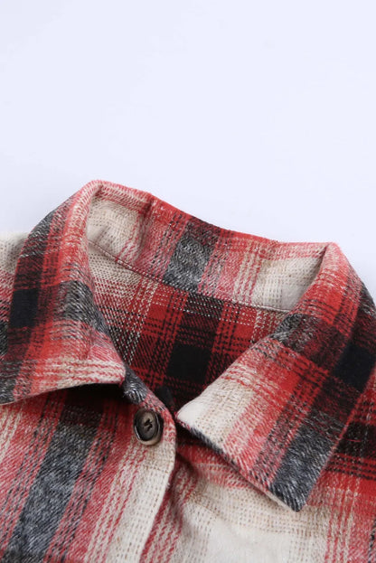 Red Turn down Neck Plaid Pocket Button Closure Coat - Chic Meadow Boutique 