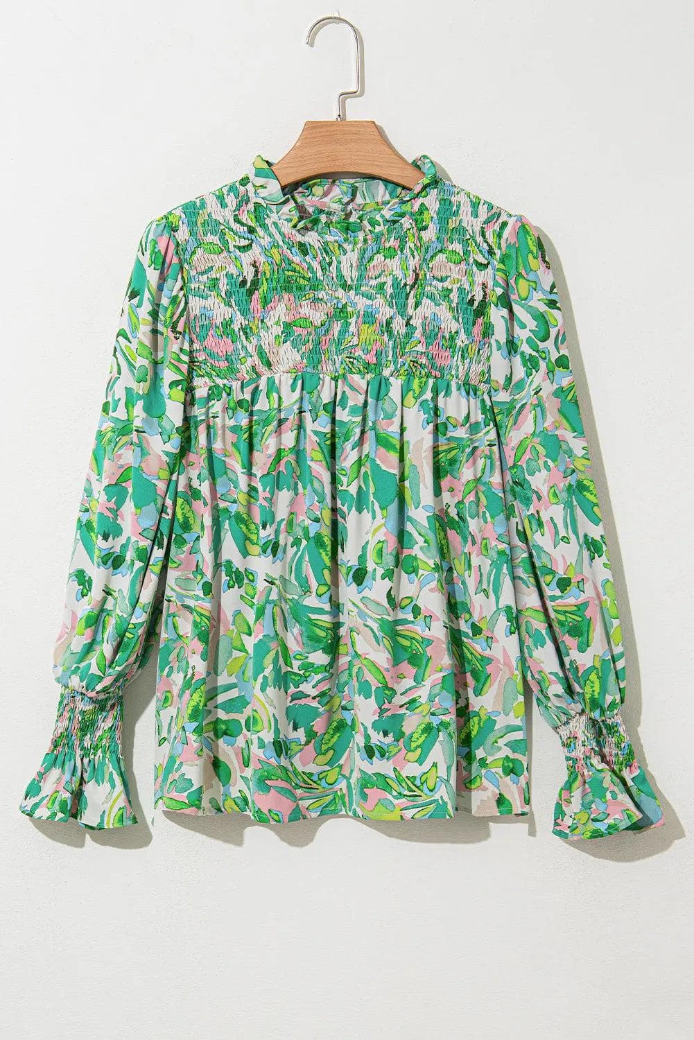 Tops/Blouses & Shirts Green Leafy Printed Flounce Sleeve Shirred Mock Neck Blouse