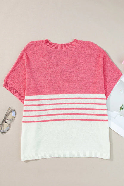 Strawberry Pink Contrast Stripes V Neck Knitted Short Sleeve Top - Chic Meadow Boutique 