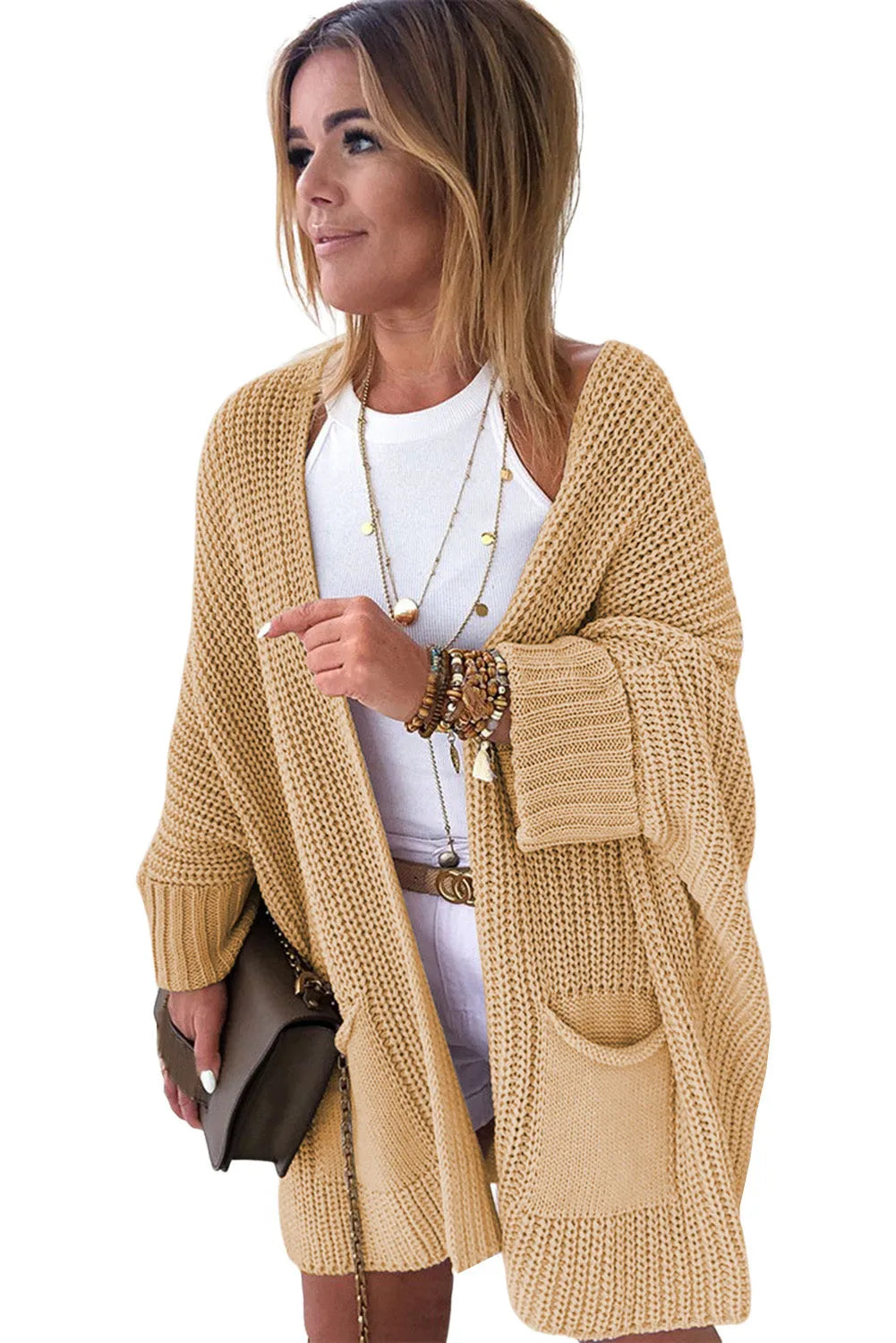 Apricot Oversized Fold Over Sleeve Sweater Cardigan - Chic Meadow Boutique 