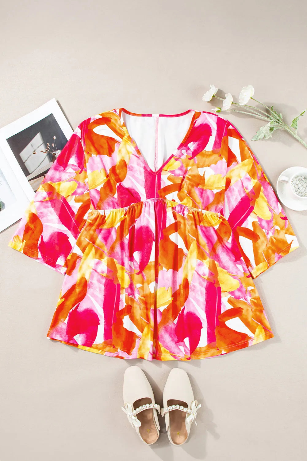 Orange Abstract Print 3/4 Sleeve V Neck Ruffled Babydoll Blouse - Chic Meadow Boutique 