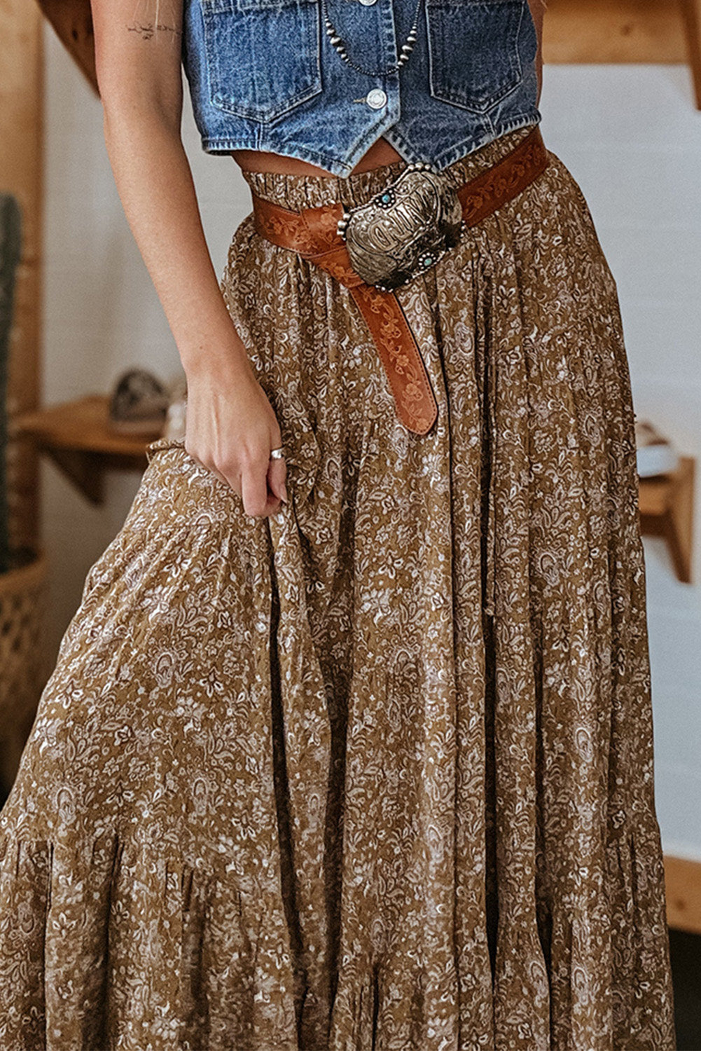 Brown Western Floral Print Ruffled Hem High Waist Loose Maxi Skirt