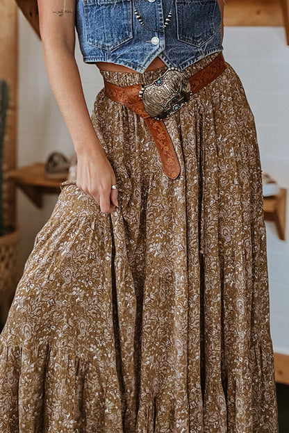 Brown Western Floral Print Ruffled Hem High Waist Loose Maxi Skirt