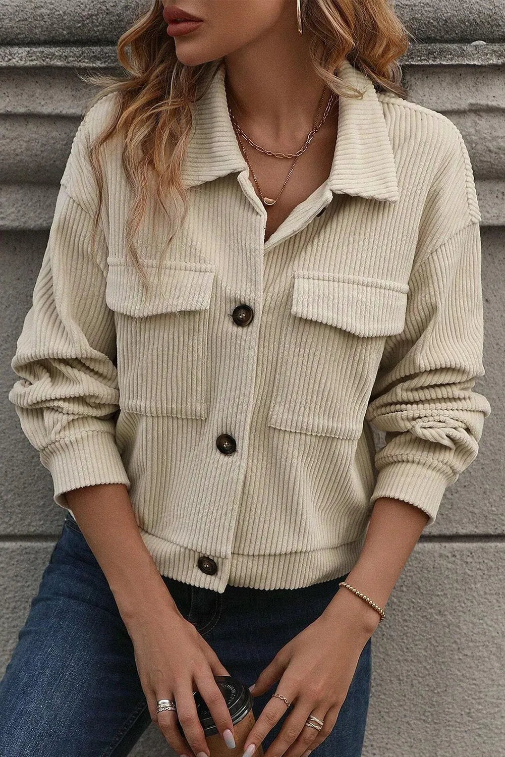 Beige Flap Pockets Buttoned Turn Down Collar Corduroy Shacket - Chic Meadow Boutique 