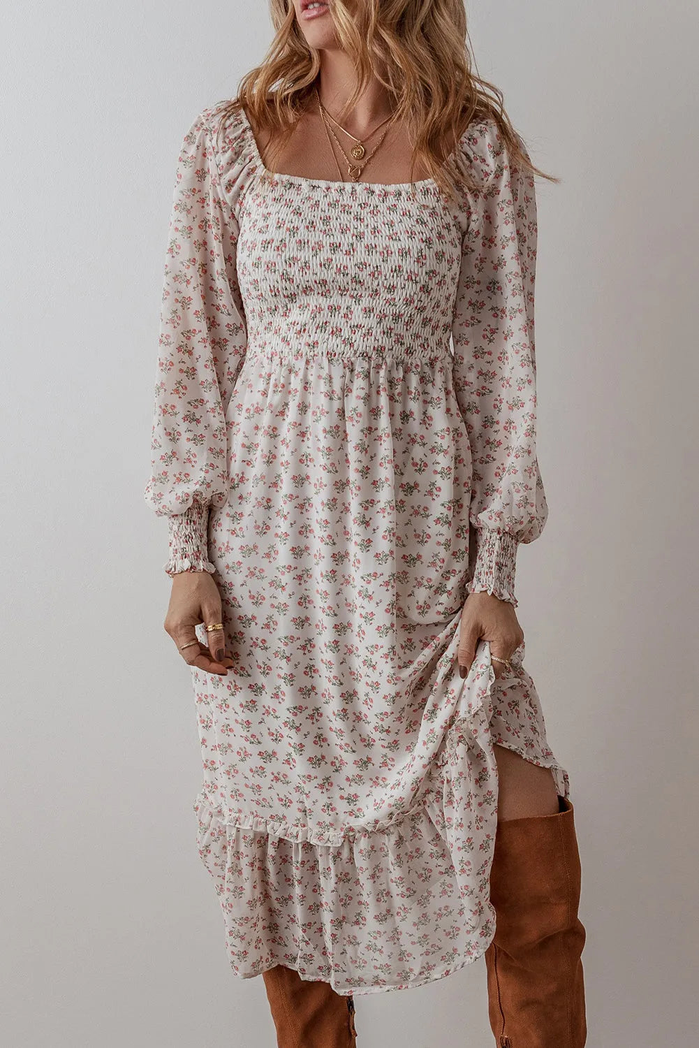 White Floral Print Shirred Ruffled Hem Square Neck Midi Dress - Chic Meadow Boutique 