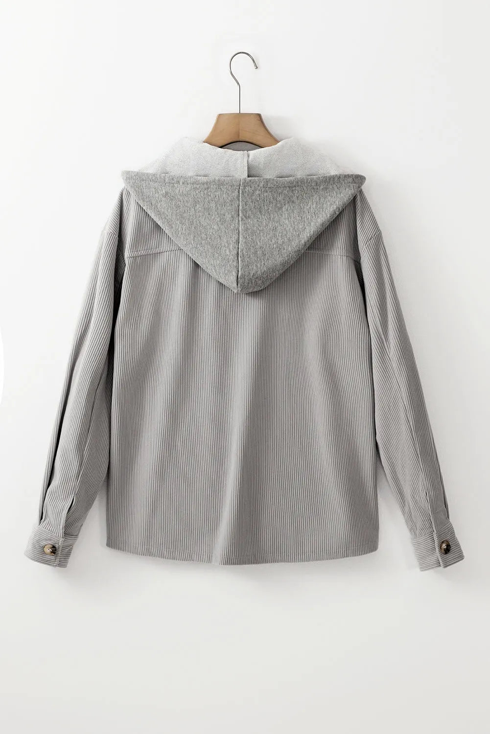 Light Grey Hooded Drawstring Pockets Corduroy Shacket - Chic Meadow Boutique 