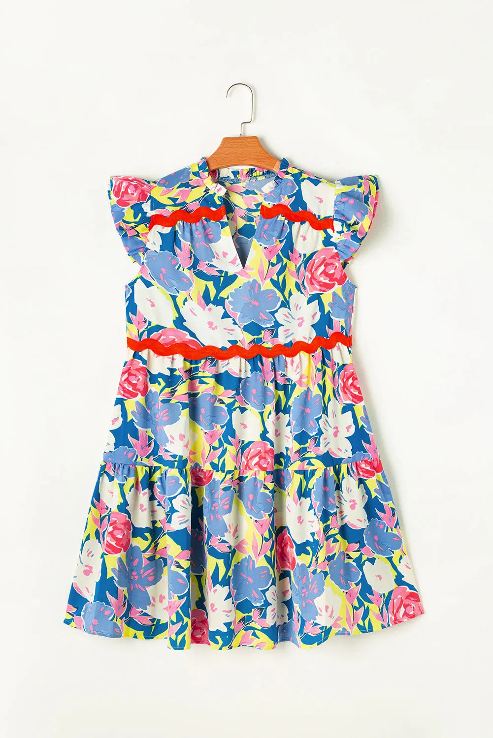 Sky Blue Floral Printed V Notched Ric Rac Flutter Sleeve Dress - Chic Meadow Boutique 