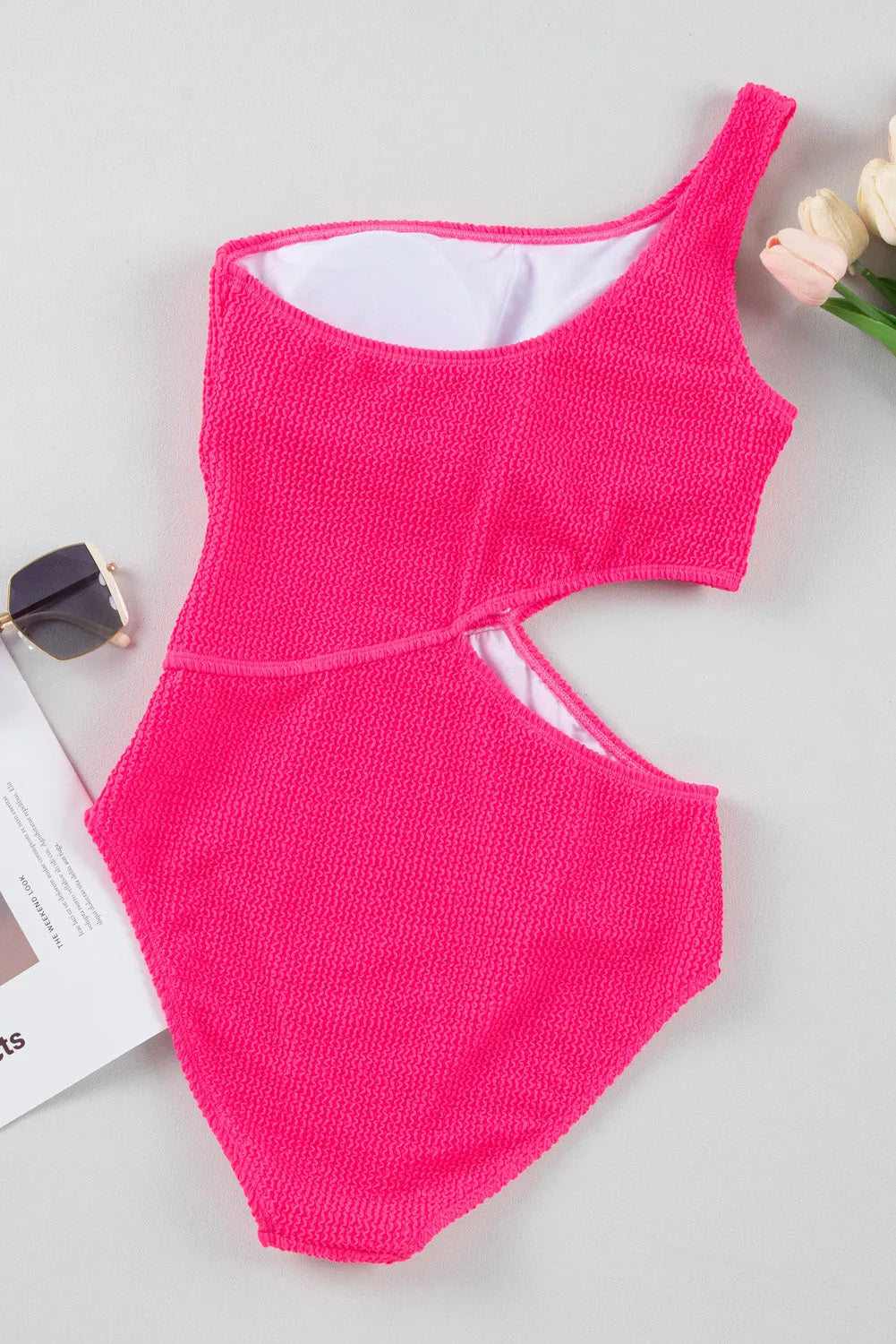 Bright Pink Solid Textured Cut Out One Shoulder Monokini - Chic Meadow Boutique 