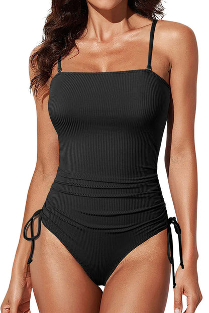 Black Ribbed Drawstring Sides Cutout One Piece Swimsuit - Chic Meadow Boutique 