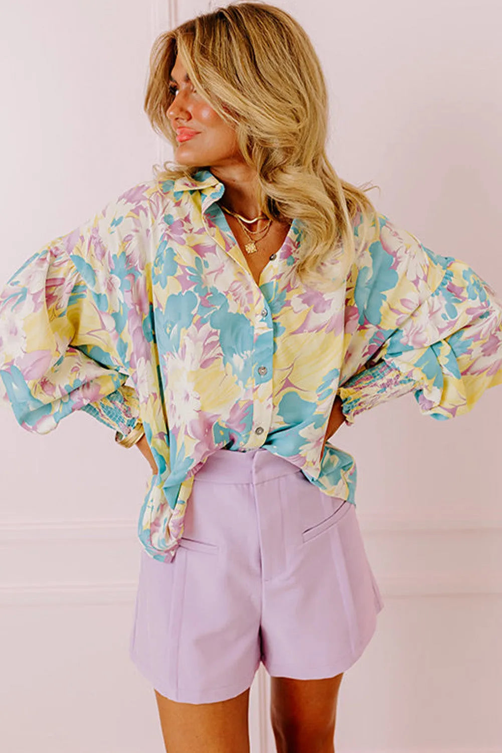 Yellow Floral Allover Print Shirred Cuff Oversized Shirt - Chic Meadow Boutique 