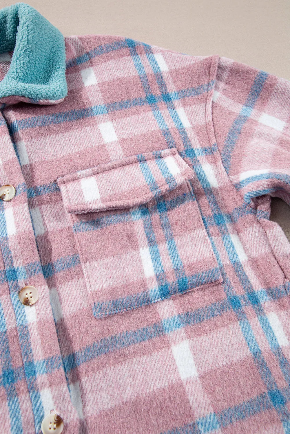 Outerwear/Plaid Shackets Pink Plaid Print Color Block Collared Flap Pockets Loose Shacket