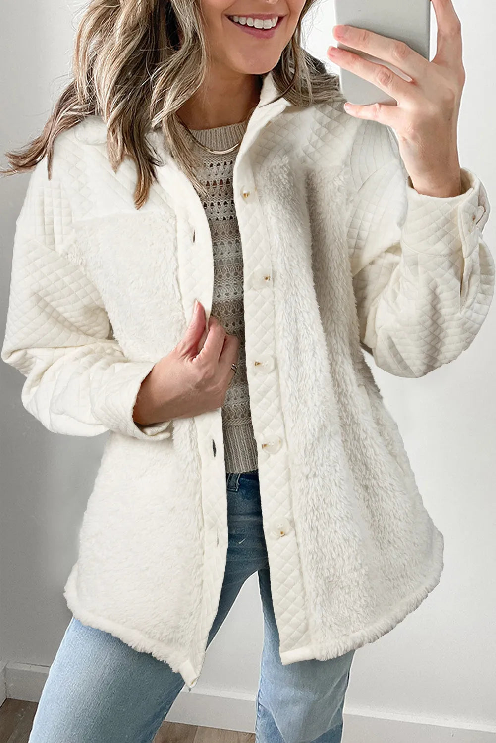 White Solid Color Quilted Sherpa Patchwork Button Up Shacket - Chic Meadow Boutique 