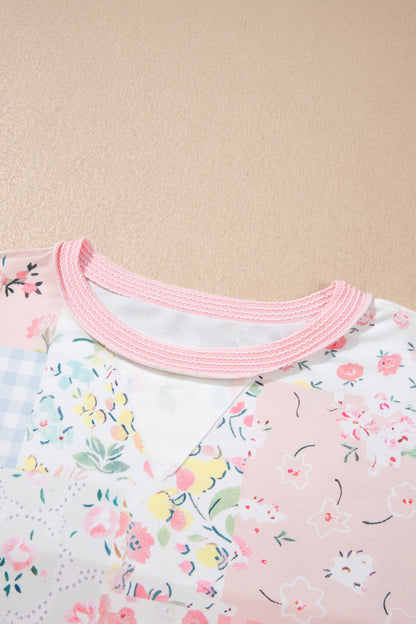 Pink Twisted Ribbed Trim Floral Print Patchwork Long Sleeve Top