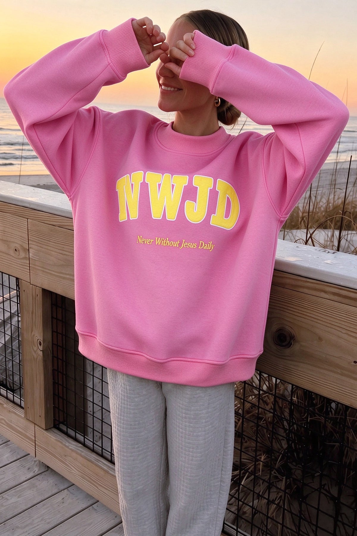 Pink WWJD Embroidered Trim Slogan Graphic Mock Pullover Sweatshirt