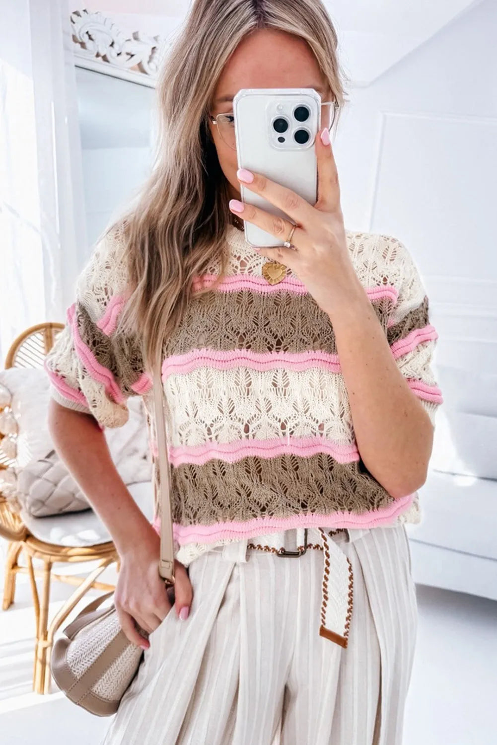 Brown Stripe Color Block Hollow Out Crochet Half Sleeve Sweater - Chic Meadow Boutique 