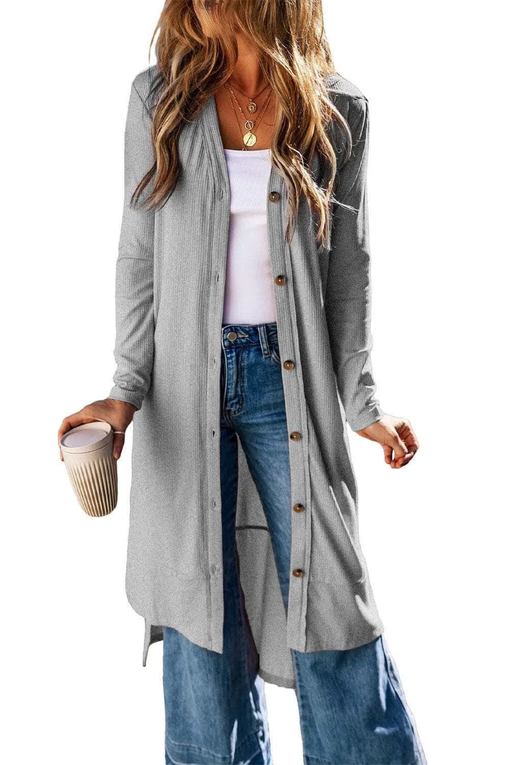 Tops/Sweaters & Cardigans Gray Ribbed Button-Up Split Duster Cardigan