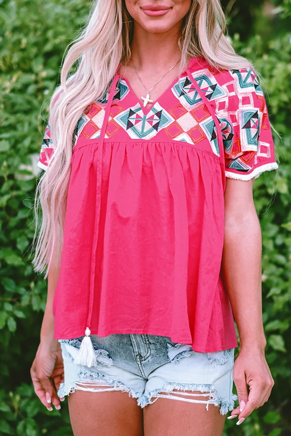 Strawberry Pink Geometric Embroidered Tassel Tie V Neck Blouse - Chic Meadow Boutique 