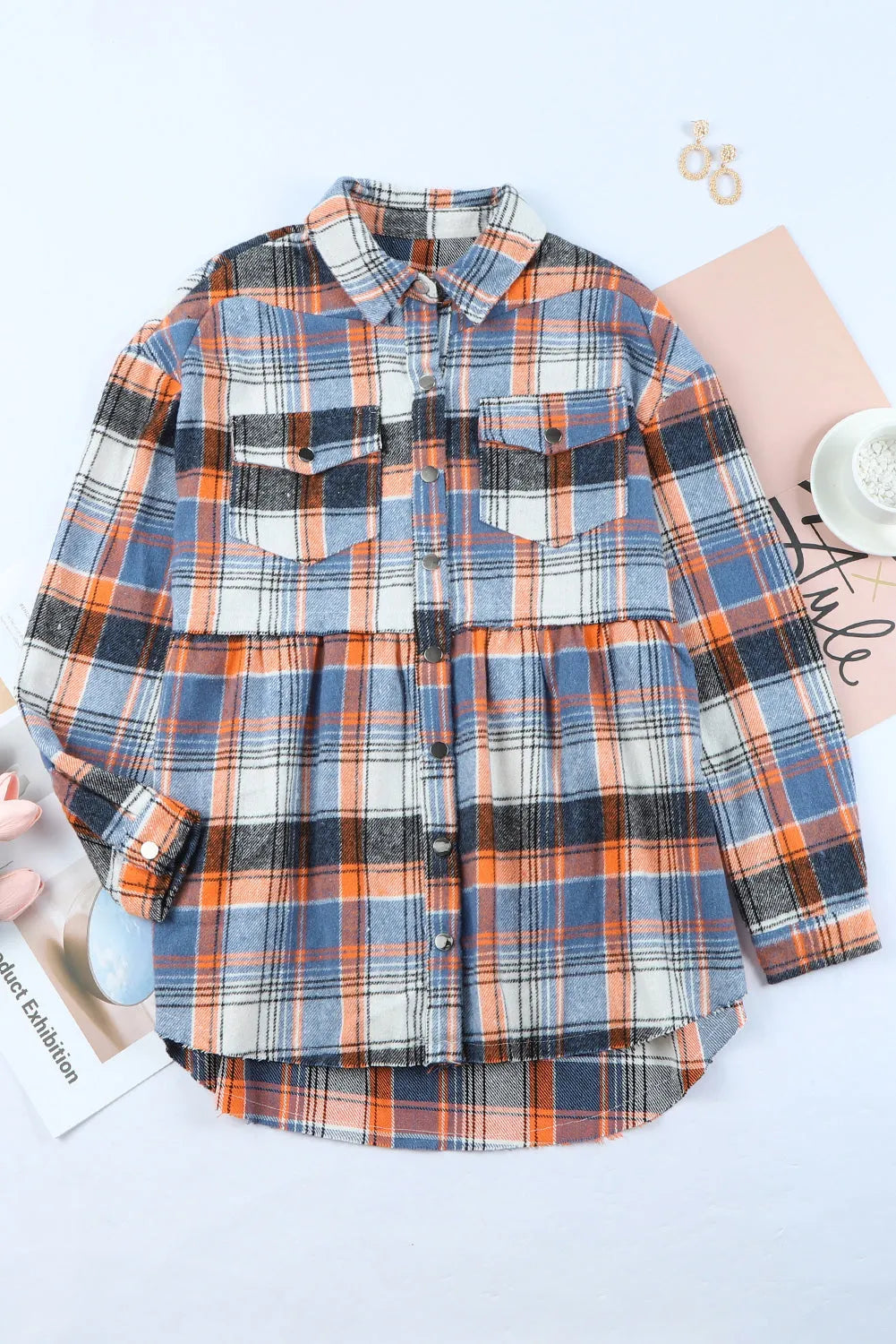 Outerwear/Plaid Shackets Multicolor Plaid Button Down Ruffled Shirt Jacket