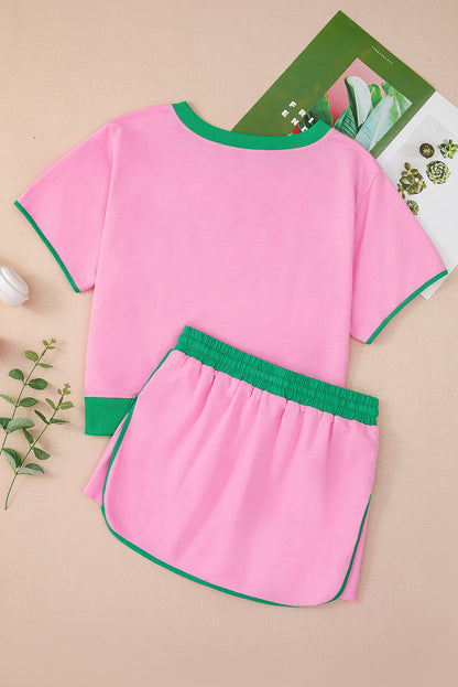 Bonbon Colorblock Edge Drop Shoulder T Shirt and Skort 2Pcs Set