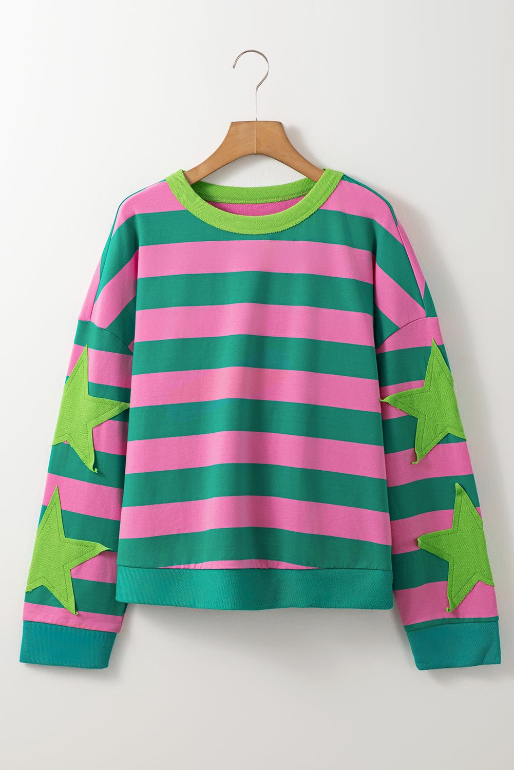 Pink Stripe Star Patchwork Round Neck Pullover Sweatshirt