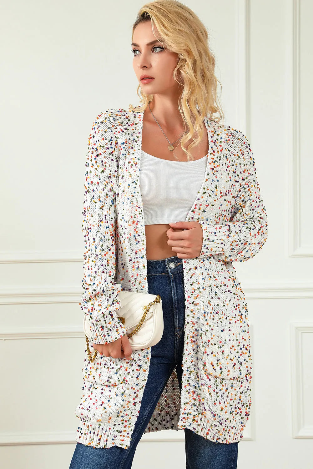 White Rainbow Popcorn Speckles Open Front Cardigan - Chic Meadow Boutique 