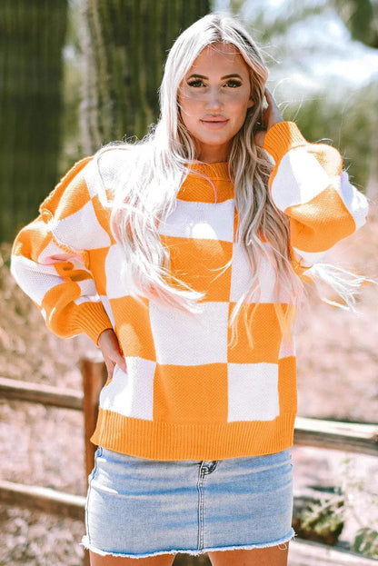 Tops/Sweaters & Cardigans Orange Checkered Bishop Sleeve Sweater