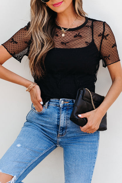 Black Bow Knot Dotted See-through Mesh Patched Slim Fit Blouse
