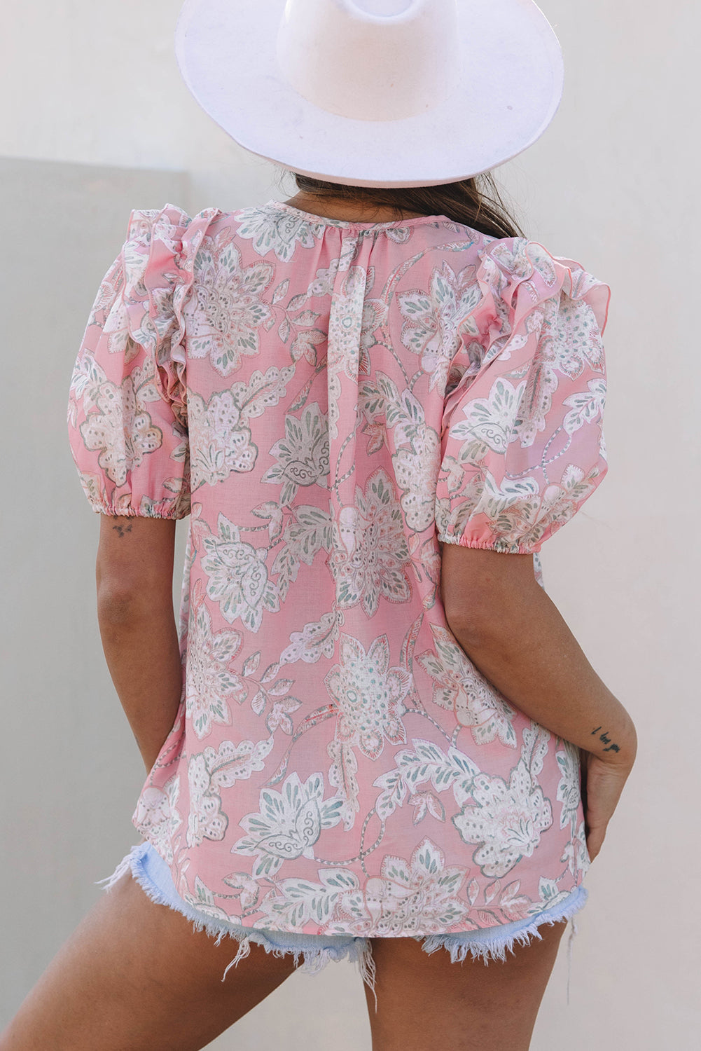 Pink Floral Print Drawstring V Neck Puff Sleeve Loose Blouse