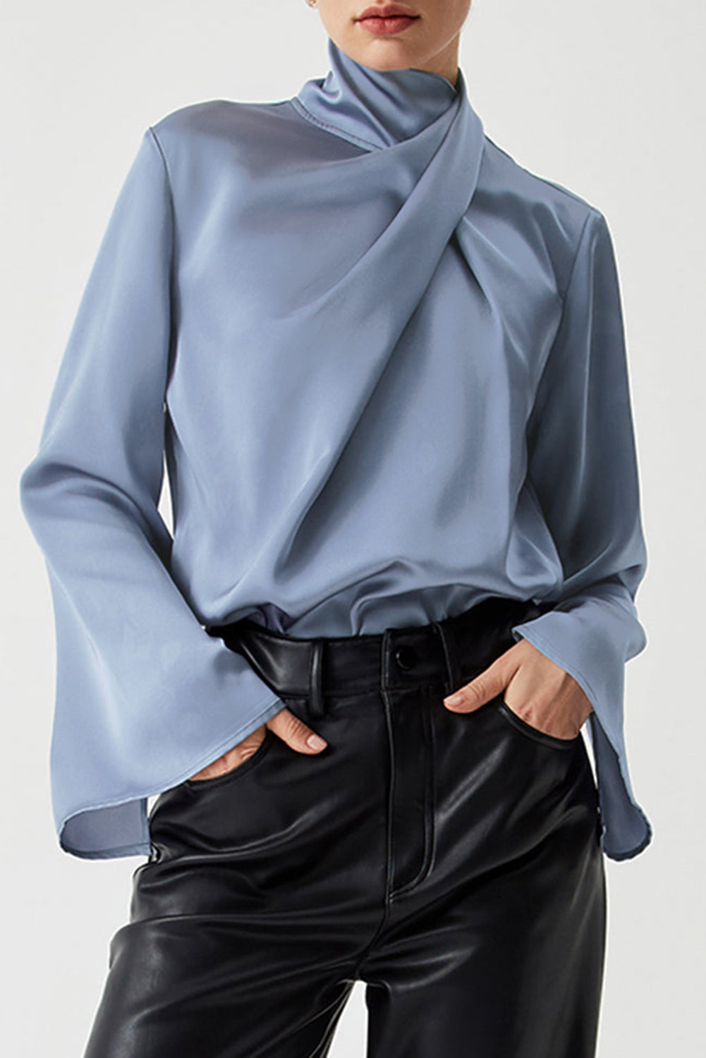 Ivy Asymmetric Pleated Turtleneck Bell Sleeve Blouse