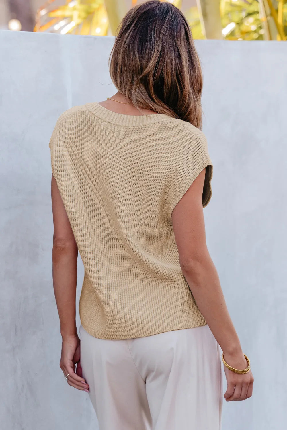 Apricot Chest Pocket V Neck Ribbed Cap Sleeve Sweater - Chic Meadow Boutique 