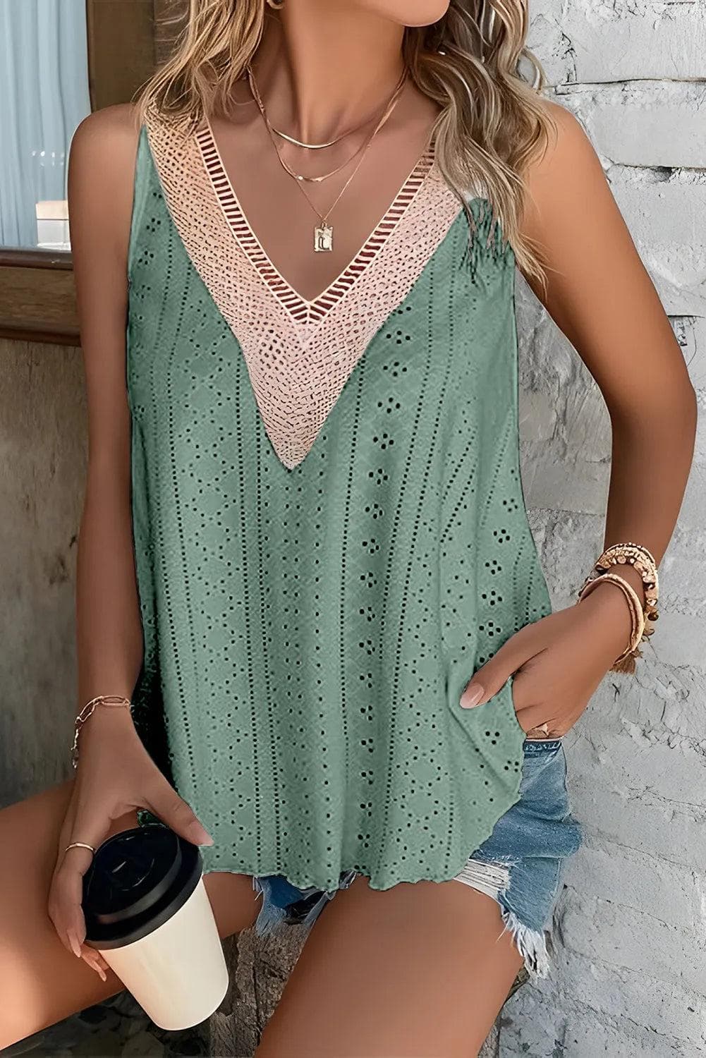 Mist Green Lace Crochet Splicing V Neck Loose Fit Tank Top - Chic Meadow Boutique 