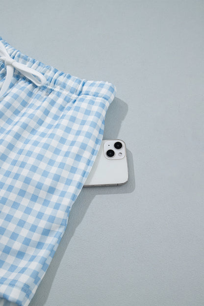 Sky Blue Plaid Baggy Pullover Drawstring Casual Shorts 2pcs Outfit