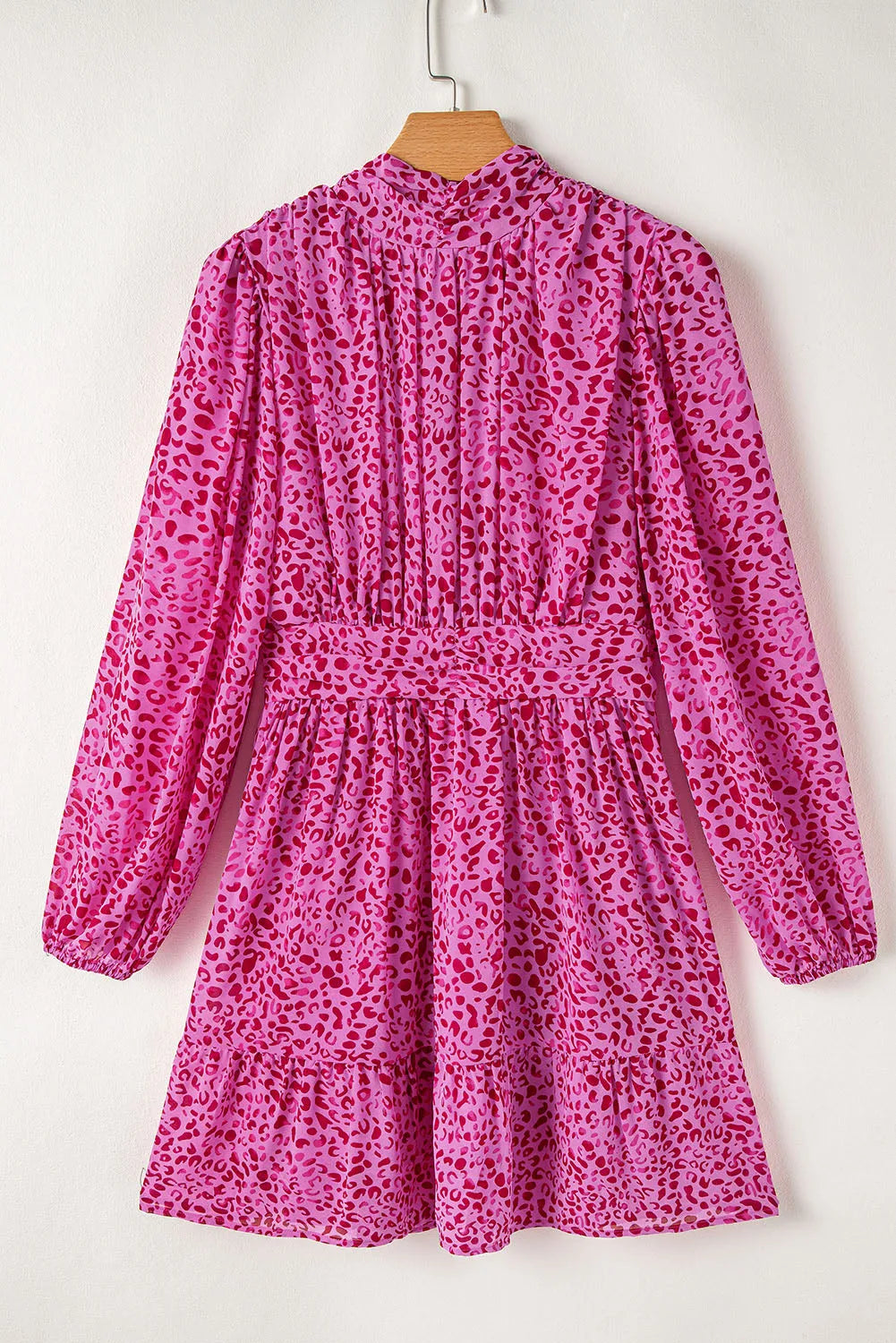 Rose Leopard Puff Sleeve Knotted High Neck Ruffle Dress - Chic Meadow Boutique 