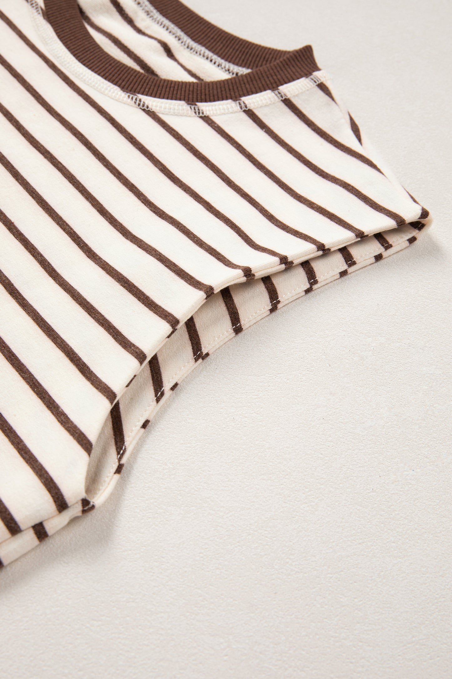 Brown Stripe Ribbed Round Neck Trim Loose Tank Top