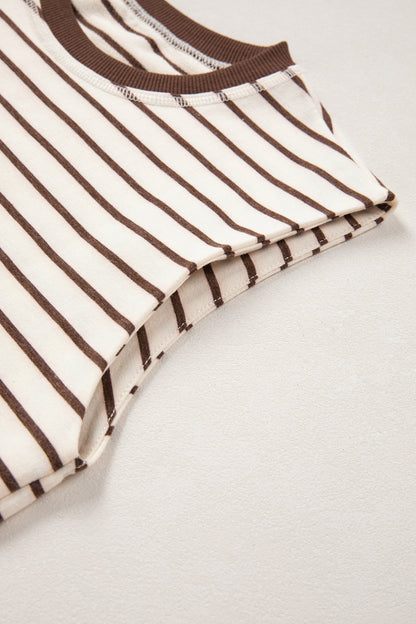 Brown Stripe Ribbed Round Neck Trim Loose Tank Top
