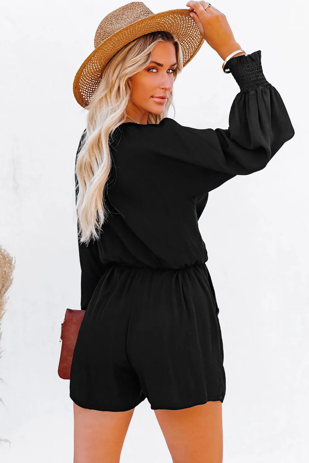 Black Tie Knot Puff Long Sleeve Romper - Chic Meadow Boutique 