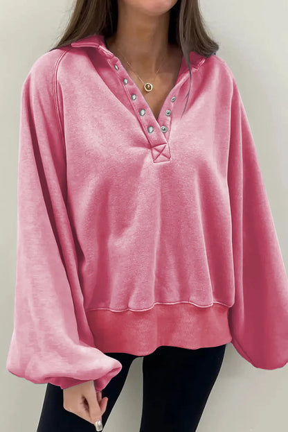 Pink Solid Snap Buttons Collared Balloon Sleeve Oversized Sweatshirt - Chic Meadow Boutique 