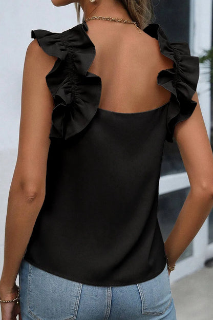 Black Solid Ruffle Trim Sleeveless Top - Chic Meadow Boutique 