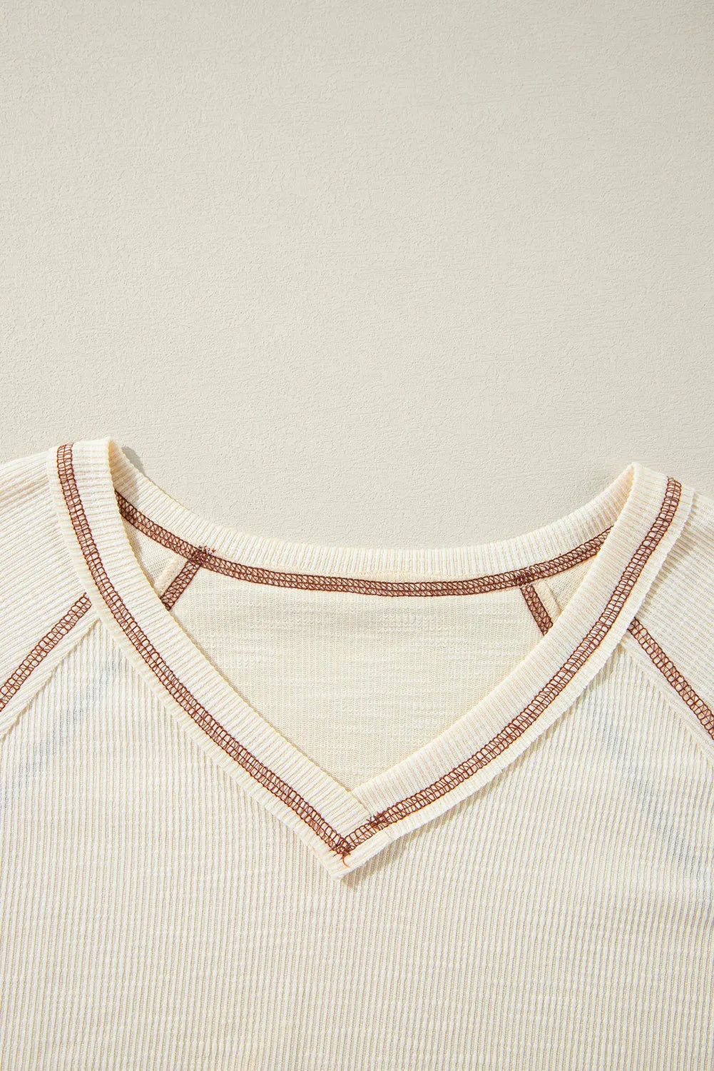 Beige Exposed Seam Textured Knit V Neck Pullover Top - Chic Meadow Boutique 