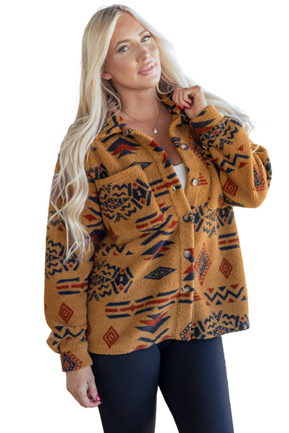 Khaki Western Aztec Pattern Fleece Shacket