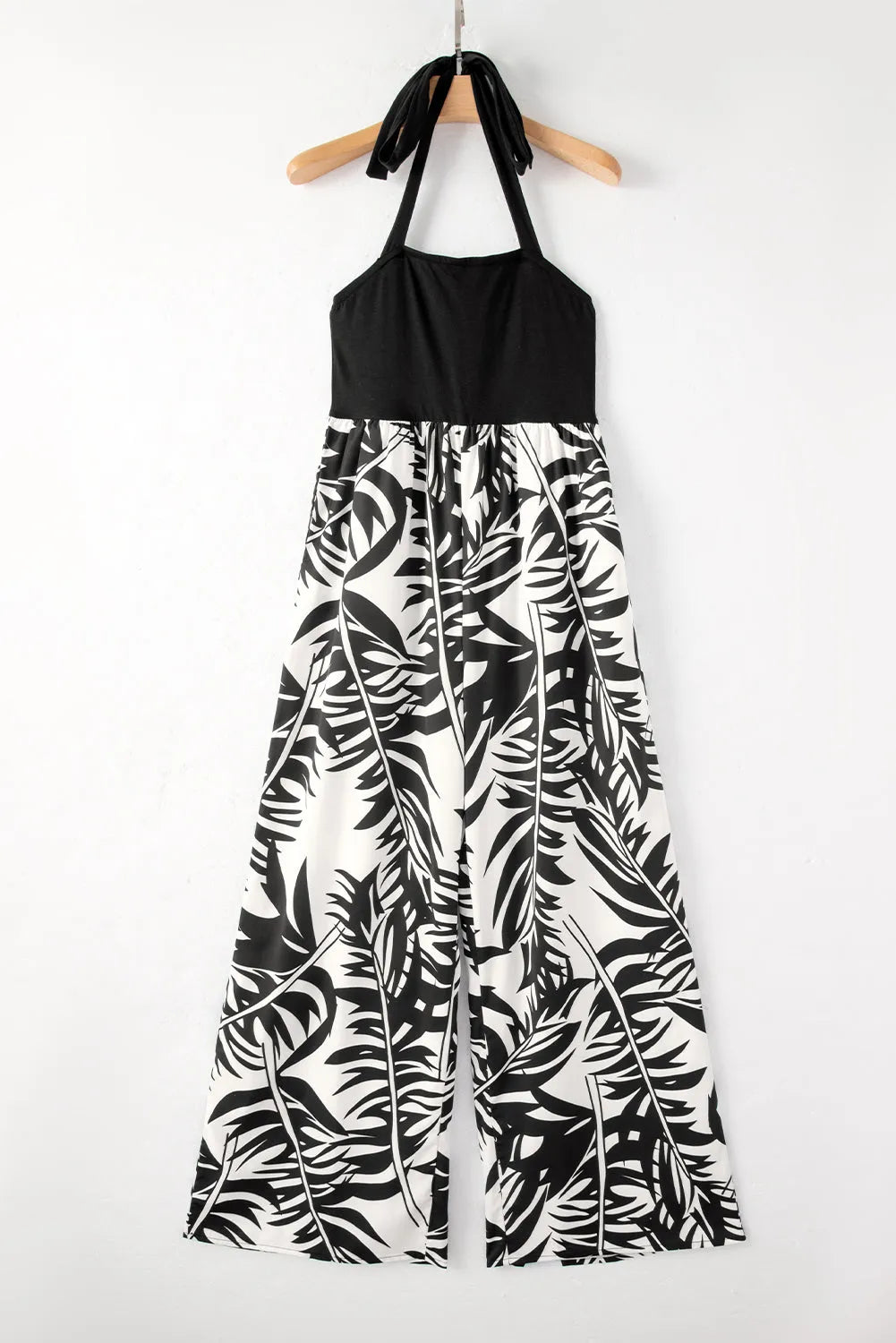 Black Halter Tropical Plant Print Wide Leg Jumpsuit - Chic Meadow Boutique 