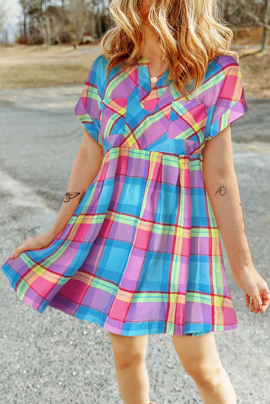 Light Blue Multicolor Plaid Short Sleeve Babydoll Mini Dress - Chic Meadow Boutique 