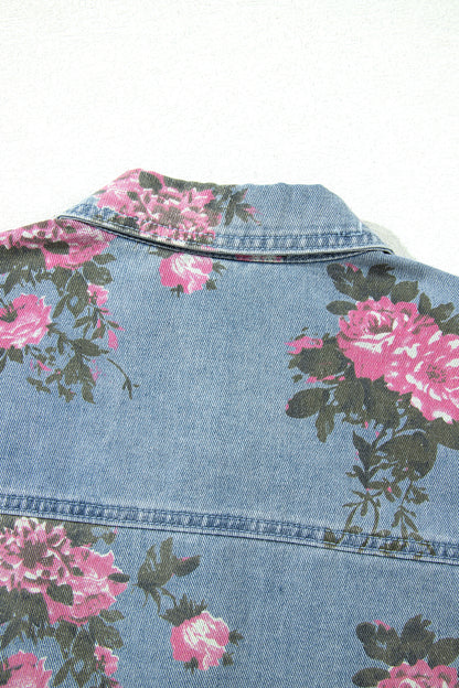 Sky Blue Floral Print Raw Seam Ruffle Hem Denim Jacket