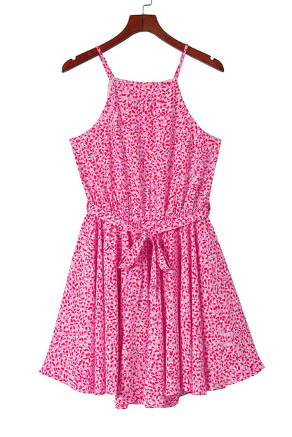 Pink Leopard Print Sleeveless Mini Dress with Waist Tie - Chic Meadow Boutique 