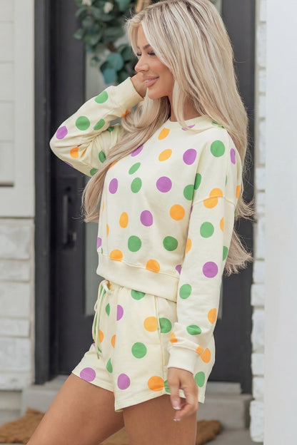 Multicolour Polka Dot Print Drop Shoulder Pullover Drawstring Shorts Set