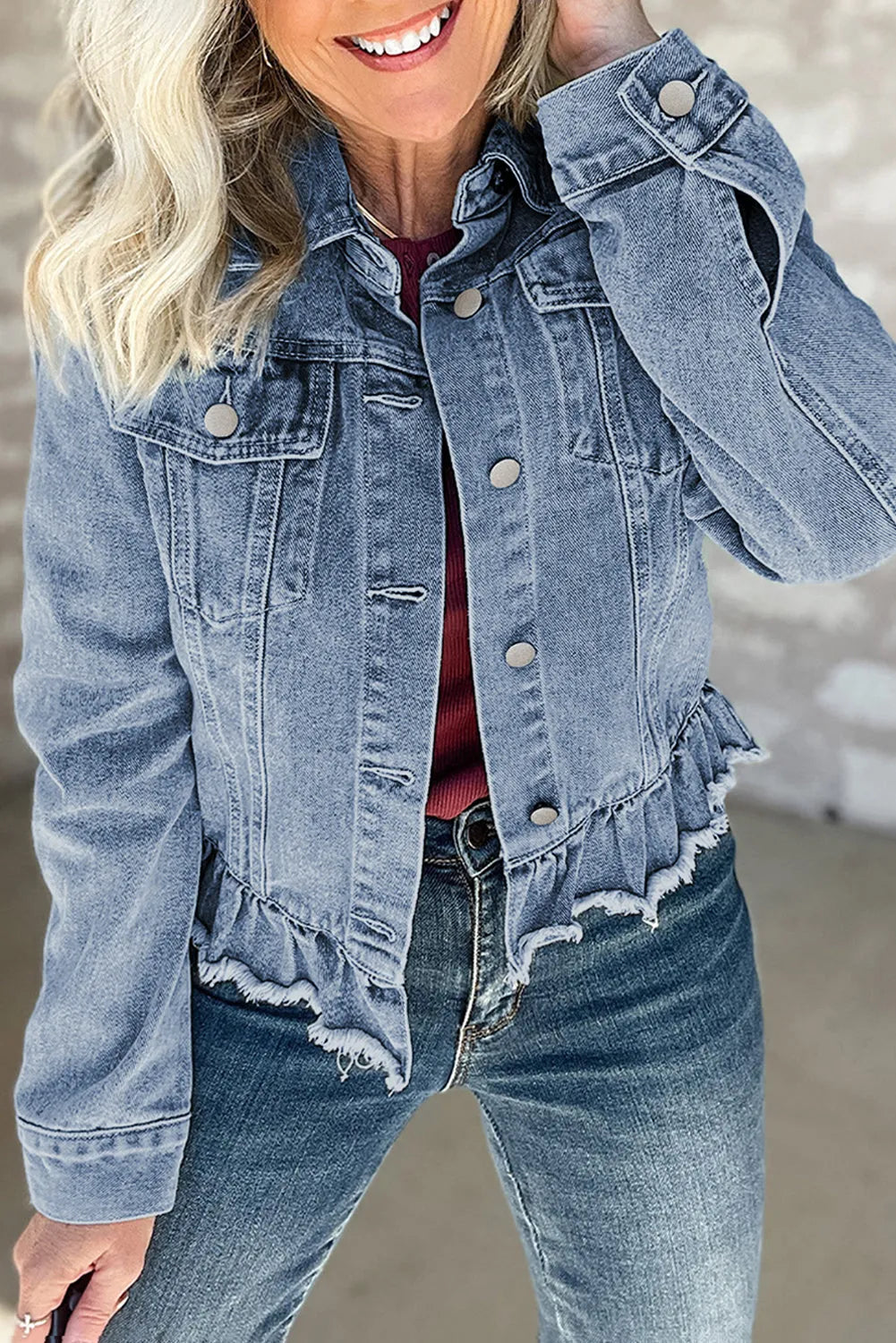 Beau Blue Ruffle Raw Hem Flap Pockets Denim Jacket - Chic Meadow Boutique 