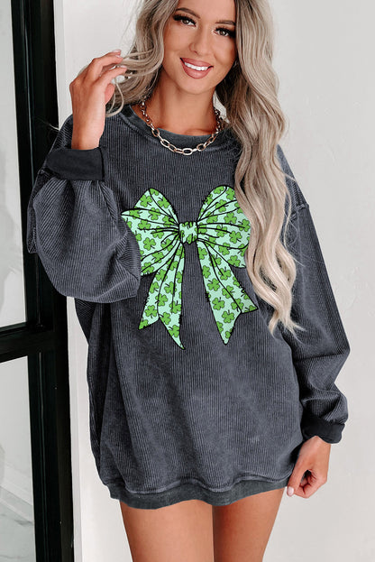 Gray Clover Bowknot Graphic Corded Pullover Sweatshirt