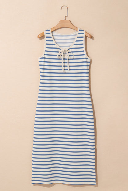 Sky Blue Stripe Tie V Neck Sleeveless Side Slit Midi Dress