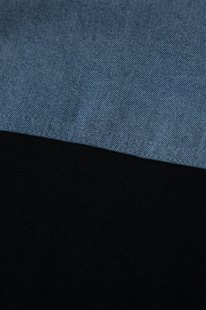 Black Color Block Denim Patchwork Button Polo Collar Short Sleeve Top