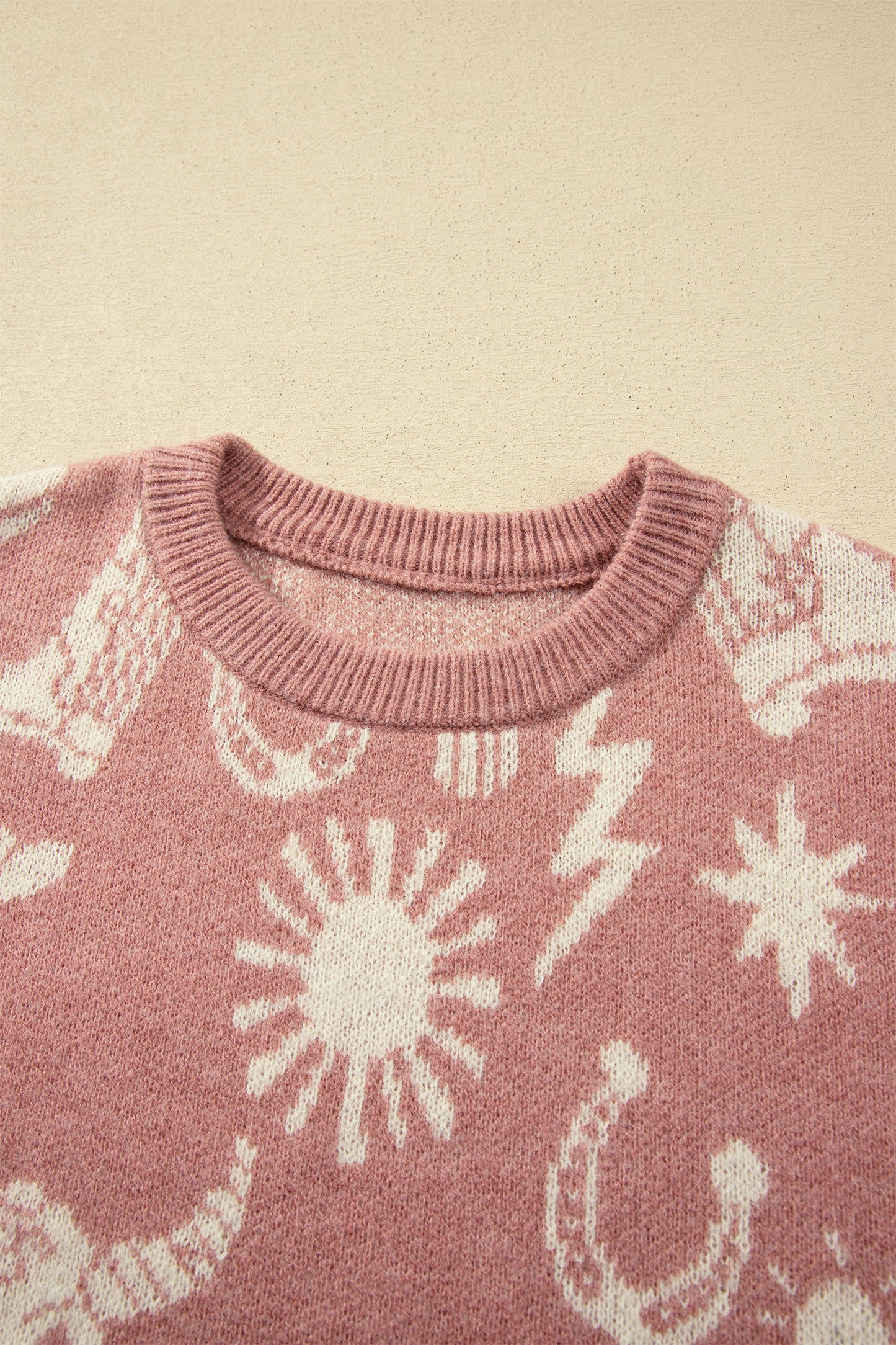 Peach Blossom Western Print Drop Shoulder Round Neck Long Sleeve Sweater